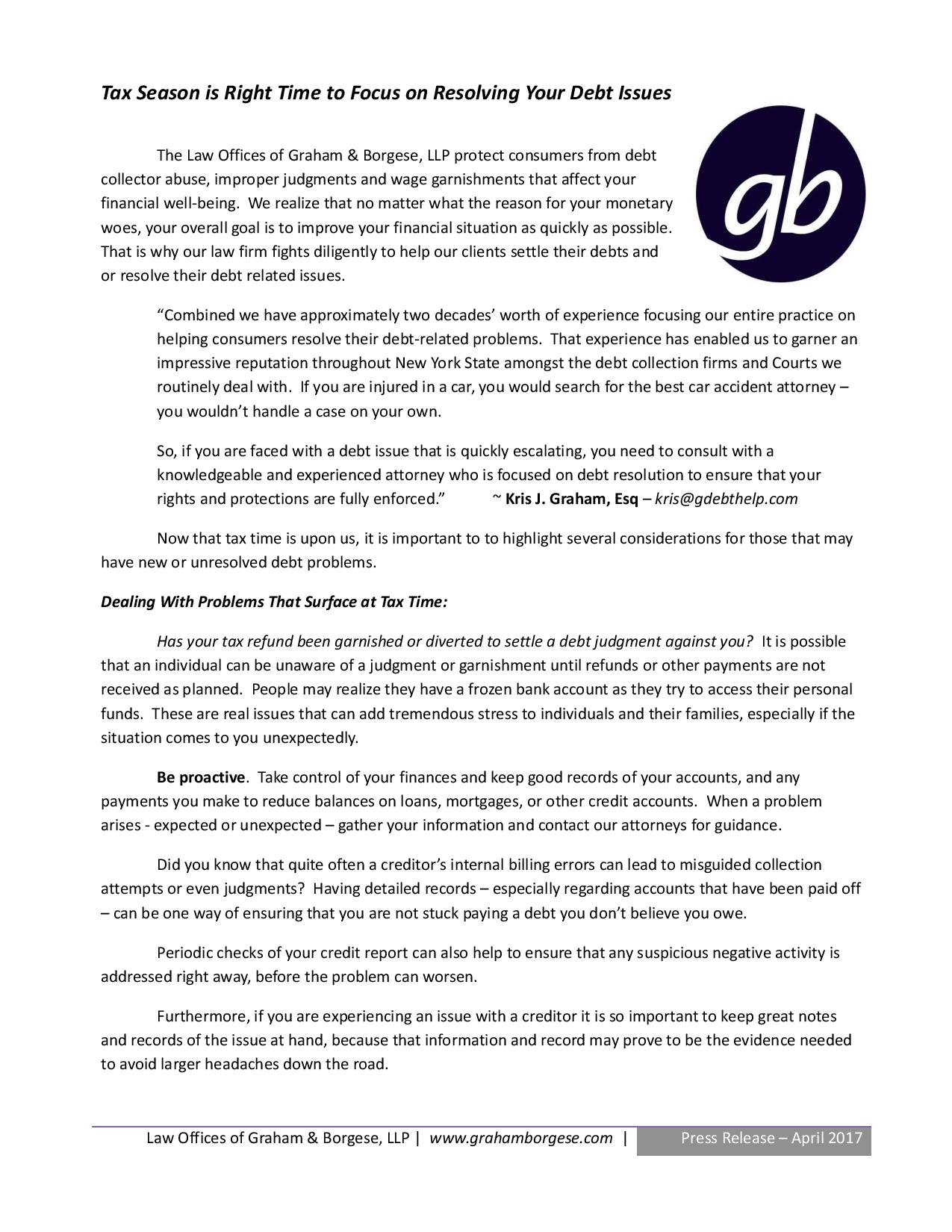 Tax Season Press Release